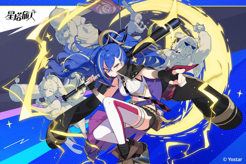 5girls, ashwind_clan_(stella_sora), baseball_bat, black_coat, black_gloves, black_shorts, blonde_streaks, blue_hair