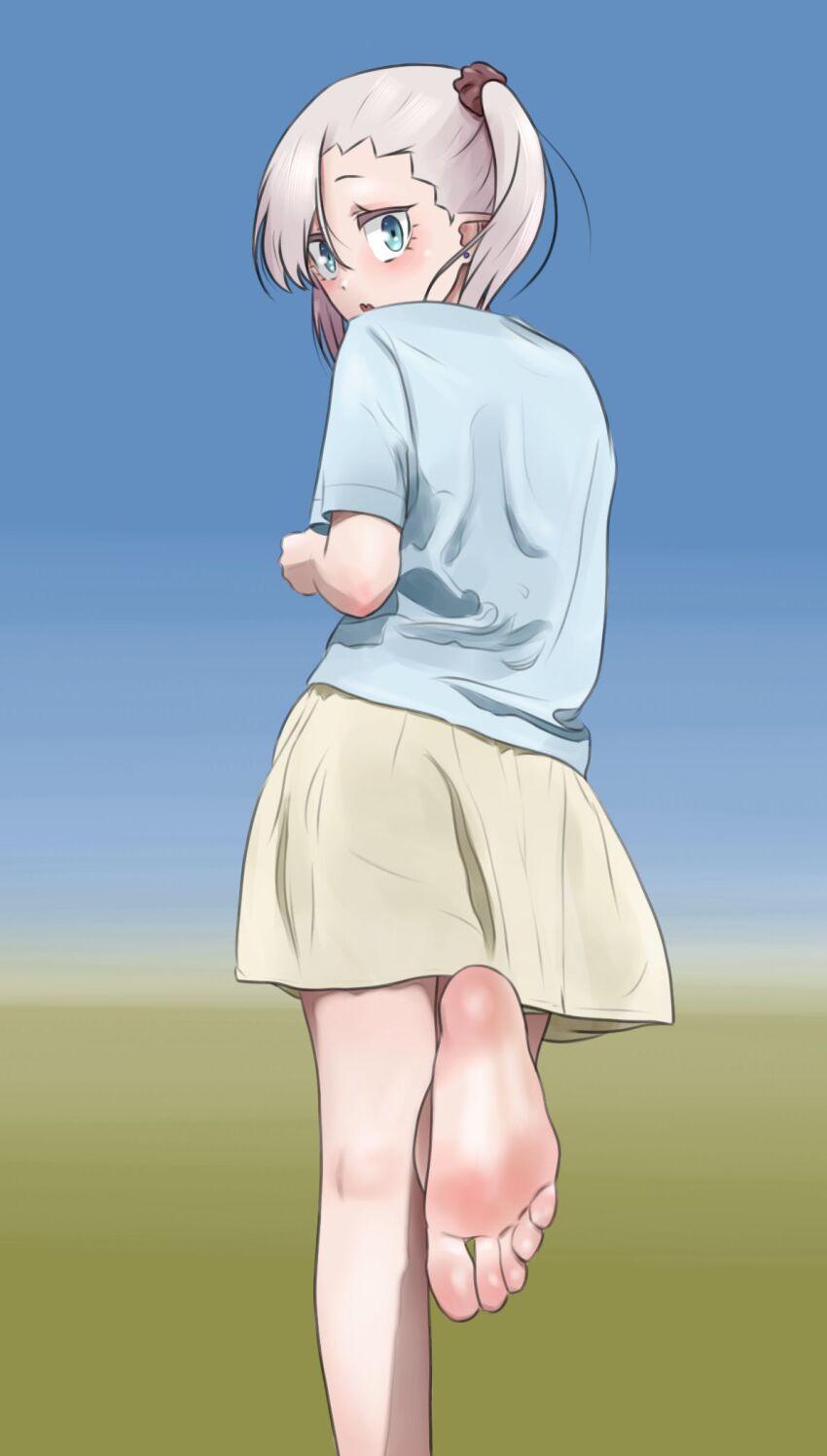 1girl, barefoot, blue_eyes, chanto_suenai_kyuuketsuki-chan, feet, highres, ishikawa_luna, long_hair, looking_at_viewer, looking_back, parted_lips, pointy_ears, shirow_(mha03133), soles, toes, twintails, white_hair