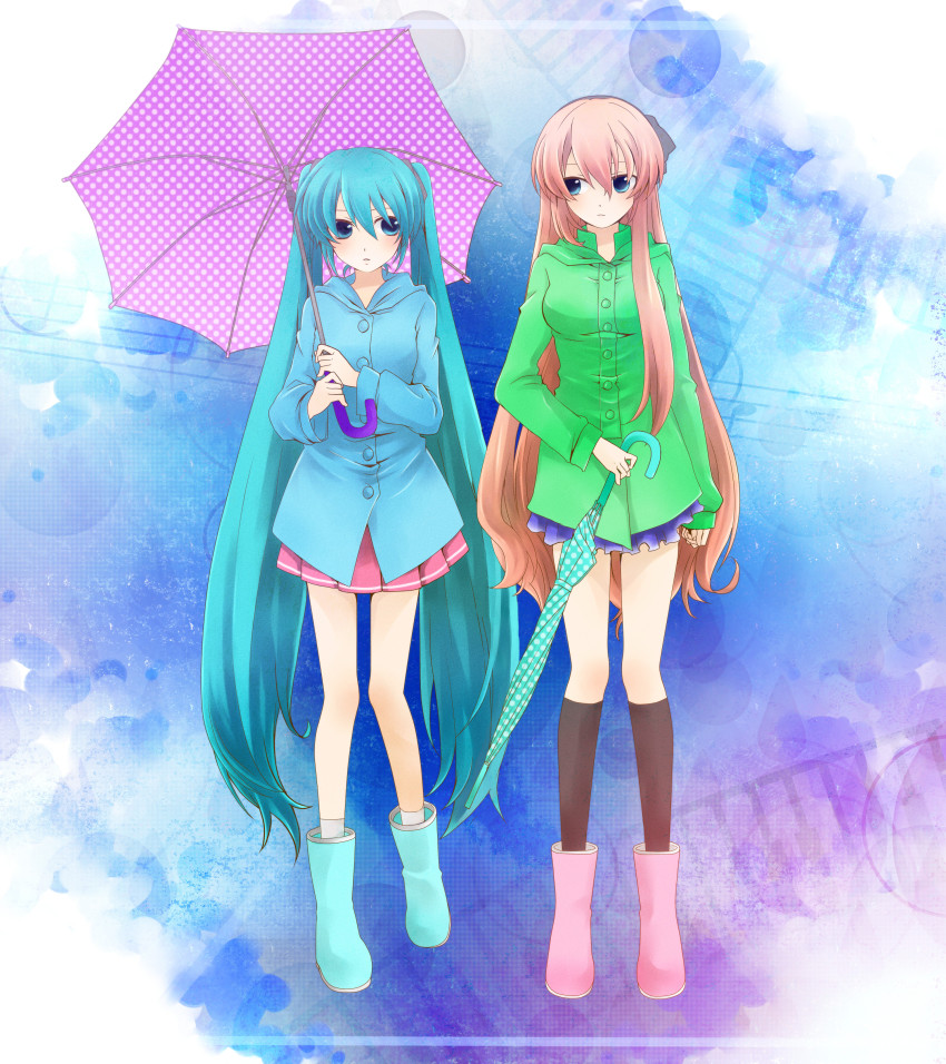 2girls, absurdres, aqua_eyes, aqua_hair, blue_skirt, boots, chaos966, closed_umbrella