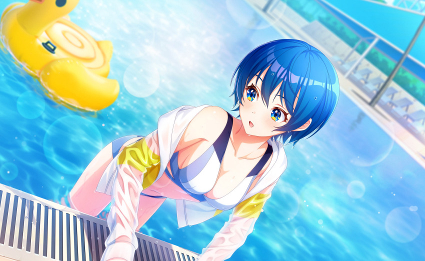 1girl, bikini, blue_bikini, blue_eyes, blue_hair, blush, breasts, cleavage