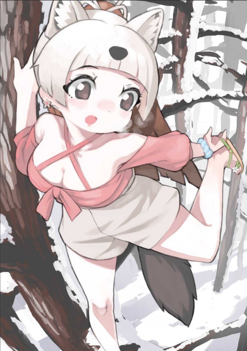 bare_shoulders, black_hair, blunt_bangs, blush, breath, brown_eyes, brown_hair, casual