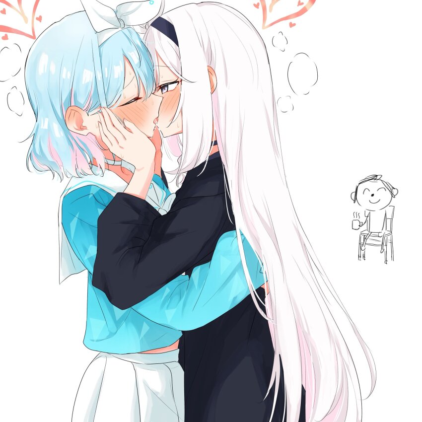 1boy, 2girls, arona_(blue_archive), black_choker, black_hairband, black_shirt, blue_archive, blue_shirt, blush, breath, chair, choker, closed_eyes, commentary_request, doodle_sensei_(blue_archive), french_kiss, grey_eyes, hairband, heart, highres, kiss, long_hair, multiple_girls, nuooooodoomo, on_chair, plana_(blue_archive), pleated_skirt, sailor_collar, saliva, school_uniform, sensei_(blue_archive), serafuku, shirt, sitting, skirt, sweat, white_choker, white_hair, white_sailor_collar, white_skirt, yuri