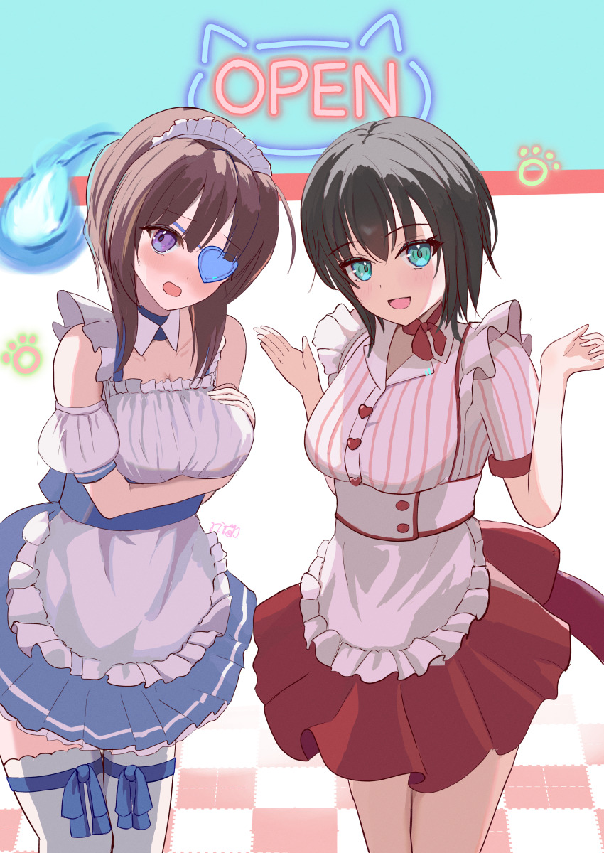 2girls, :d, absurdres, alternate_costume, aoi_erika, aoi_erika_(deliverer_of_miracle), apron, aqua_eyes