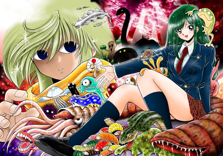 1boy, 1girl, black_eyes, black_jacket, black_socks, blemmyes, blonde_hair, blue_eyes