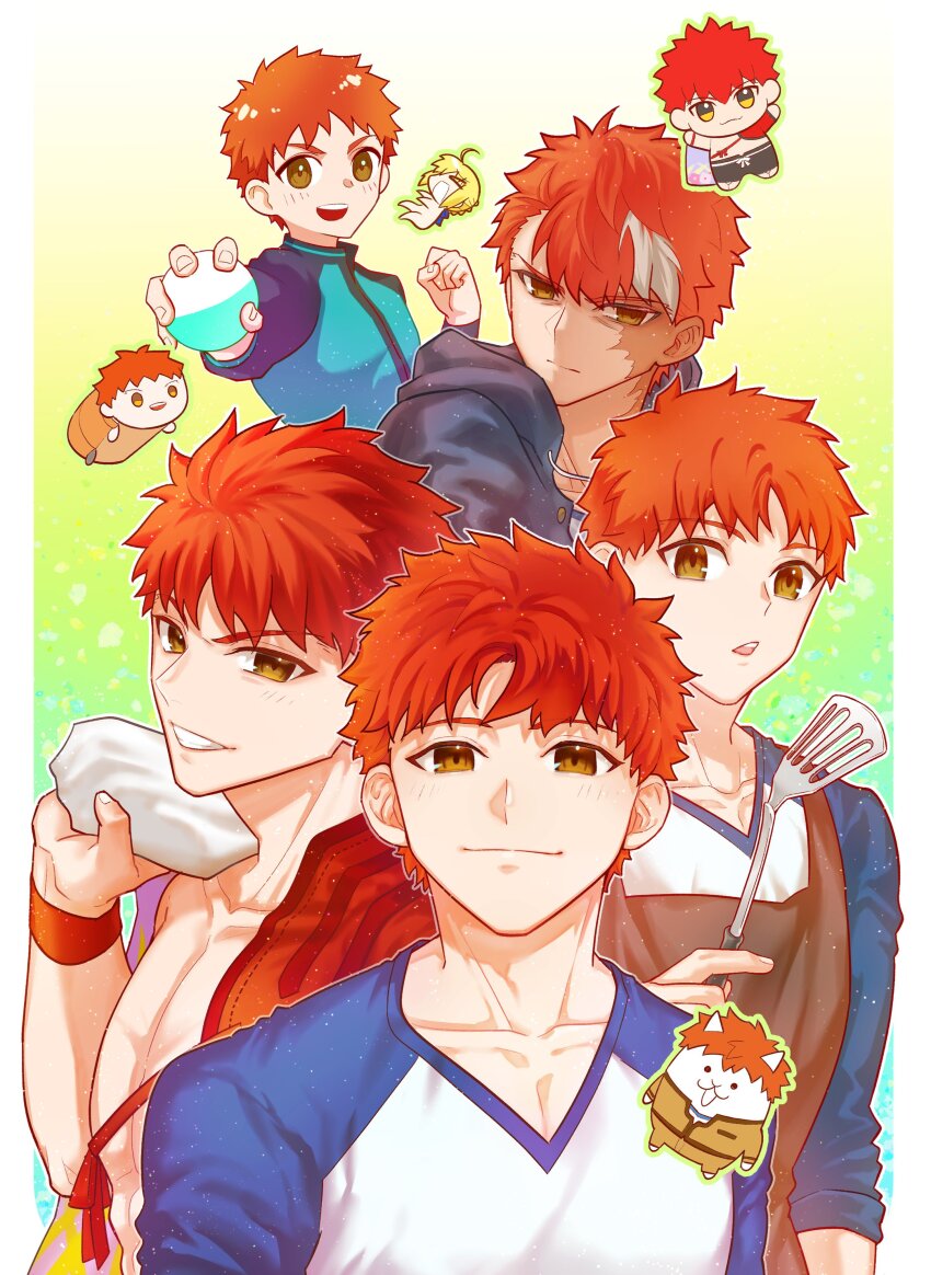 1boy, absurdres, apron, artoria_pendragon_(fate), basashi_(1092aru), brown_eyes, capsule_servant, chibi