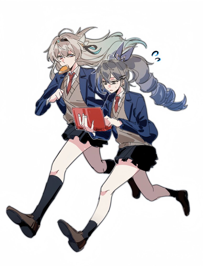 2girls, alternate_costume, aqua_hair, black_hairband, black_ribbon, black_skirt, black_socks, blazer