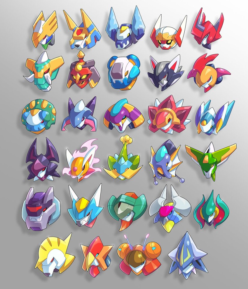 anubis_necromancess_(mega_man), asura_basura, aztec_falcon_(mega_man), biometal, blazin'_flizard_(mega_man), blizzack_staggroff, burble_hekelot_(mega_man), childre_inarabitta_(mega_man), cubit_foxtar_(mega_man), deathtanz_mantisk_(mega_man), fenri_lunaedge, glacier_le_cactank_(mega_man), grey_background, hanumachine_(mega_man), heat_genblem, hellbat_schilt_(mega_man), herculious_anchus, highres, hyleg_ourobockle_(mega_man), kuwagust_anchus, maha_ganeshariff, mega_man_(series), mega_man_zero_(series), mega_man_zero_1, mega_man_zero_2, mega_man_zero_3, mega_man_zero_4, mega_man_zx, mino_magnus, no_humans, noble_mandrago, panter_flauclaws_(mega_man), pegasolta_eclair, phoenix_magnion, poler_kamrous, popla_cocapetri, simple_background, sol_titanion_(mega_man), tech_kraken_(mega_man), tretista_kelverian_(mega_man), ultimatemaverickx, volteel_biblio_(mega_man)