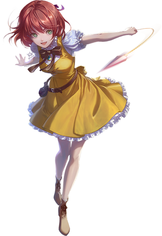 :d, ankle_boots, ankle_socks, artist_name, back_bow, basket, belt, belt_buckle, belt_pouch, blue_gem, boots, bow, breasts, brown_belt, brown_boots, brown_bow, buckle, chain, clarice_de_avril, collar, cross-laced_clothes, cross-laced_dress, dress, frilled_collar, frilled_dress, frilled_sleeves, frills, full_body, gem, gold_chain, green_eyes, hair_between_eyes, hair_ribbon, holding, holding_chain, jewelry, lace-up_boots, leaning_forward, leg_up, loose_belt, medium_breasts, medium_dress, medium_hair, motion_blur, narrow_waist, nexon, open_mouth, pendant, pinafore_dress, pouch, puffy_short_sleeves, puffy_sleeves, purple_ribbon, ribbon, second-party_source, shirt, short_sleeves, signature, simple_background, skinny, sleeveless, sleeveless_dress, smile, socks, tales_weaver, teardrop-shaped_gem, tinct, tongue, transparent_background, weapon_request, white_shirt, white_socks, yellow_bow