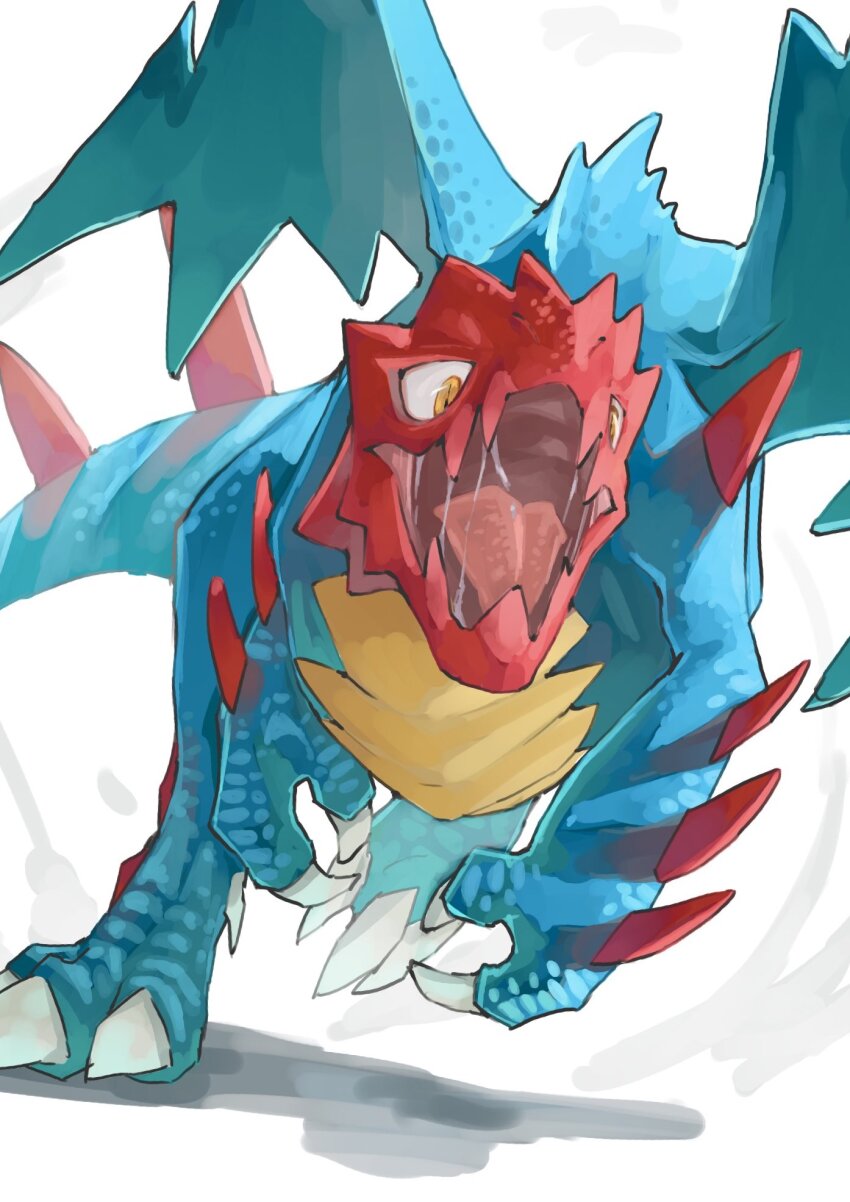 1other, blue_skin, claws, colored_skin, commentary_request, dragon, dragon_tail, dragon_wings, druddigon, fangs, gen_5_pokemon, highres, nintendo, no_humans, open_mouth, orange_eyes, pokemon, pokemon_(creature), pokemon_focus, sake_maguro, saliva, scales, simple_background, solo, spikes, tail, tongue, white_background, wings