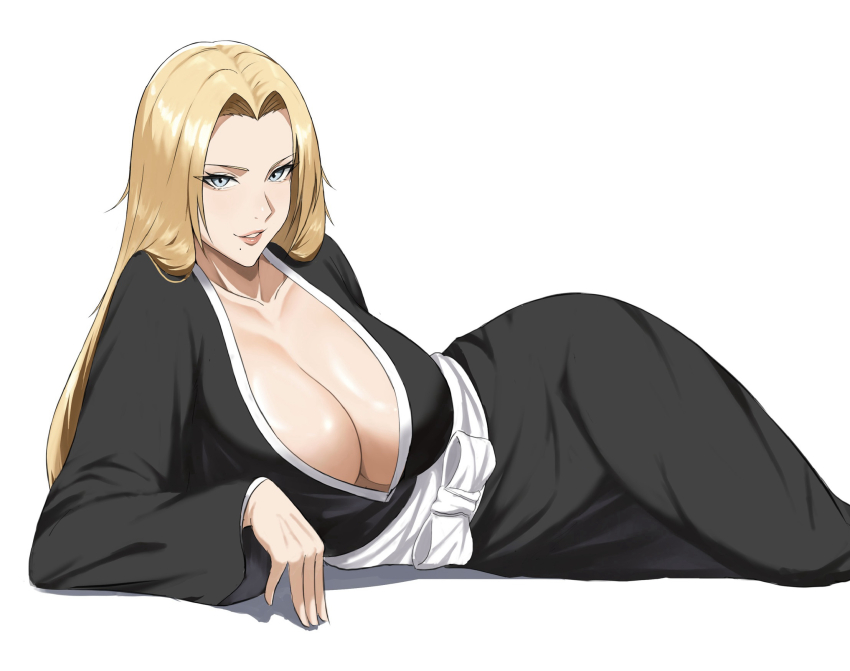 1girl, black_kimono, bleach, blonde_hair, blue_eyes, breasts, collarbone, female_focus