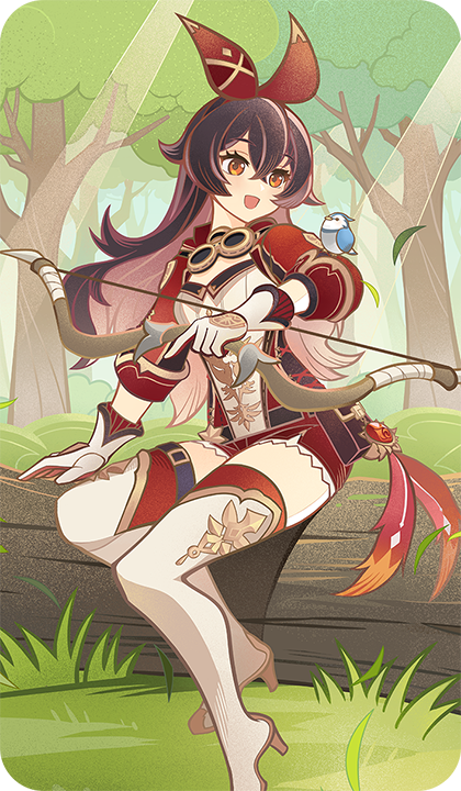 1girl, amber_(100_outrider)_(genshin_impact), amber_(genshin_impact), animal_on_arm, bad_source, bird, bird_on_arm, boots, bow_(weapon), brown_hair, colored_inner_hair, genshin_impact, gloves, high_heel_boots, high_heels, holding, holding_bow_(weapon), holding_weapon, long_hair, looking_at_viewer, multicolored_hair, official_alternate_costume, official_art, open_mouth, outdoors, red_thighhighs, short_sleeves, sitting, smile, solo, sunlight, thigh_boots, thighhighs, weapon, white_boots, white_gloves