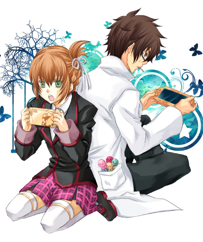 1boy, 1girl, :o, alternate_costume, alternate_hairstyle, alvin_(school_uniform)_(tales), alvin_(tales), bad_id