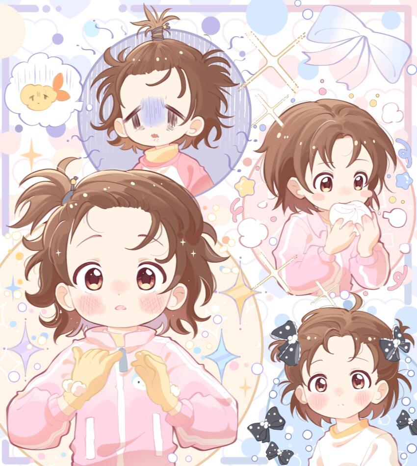 1girl, ahoge, black_bow, bow, brown_hair, commentary_request, confetti, eating, food, gloom_(expression), gloves, hair_bow, hair_tie, highres, ice_beno, jacket, looking_at_viewer, medalist_(manga), multiple_views, pink_jacket, shrimp, shrimp_tempura, star_(symbol), steamed_bun, tempura, yellow_gloves, yuitsuka_inori, zipper_pull_tab