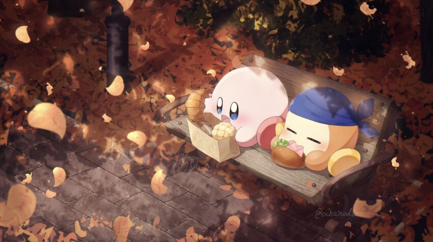 2boys, autumn_leaves, bandana, bench, blue_bandana, closed_eyes, commentary_request, croissant