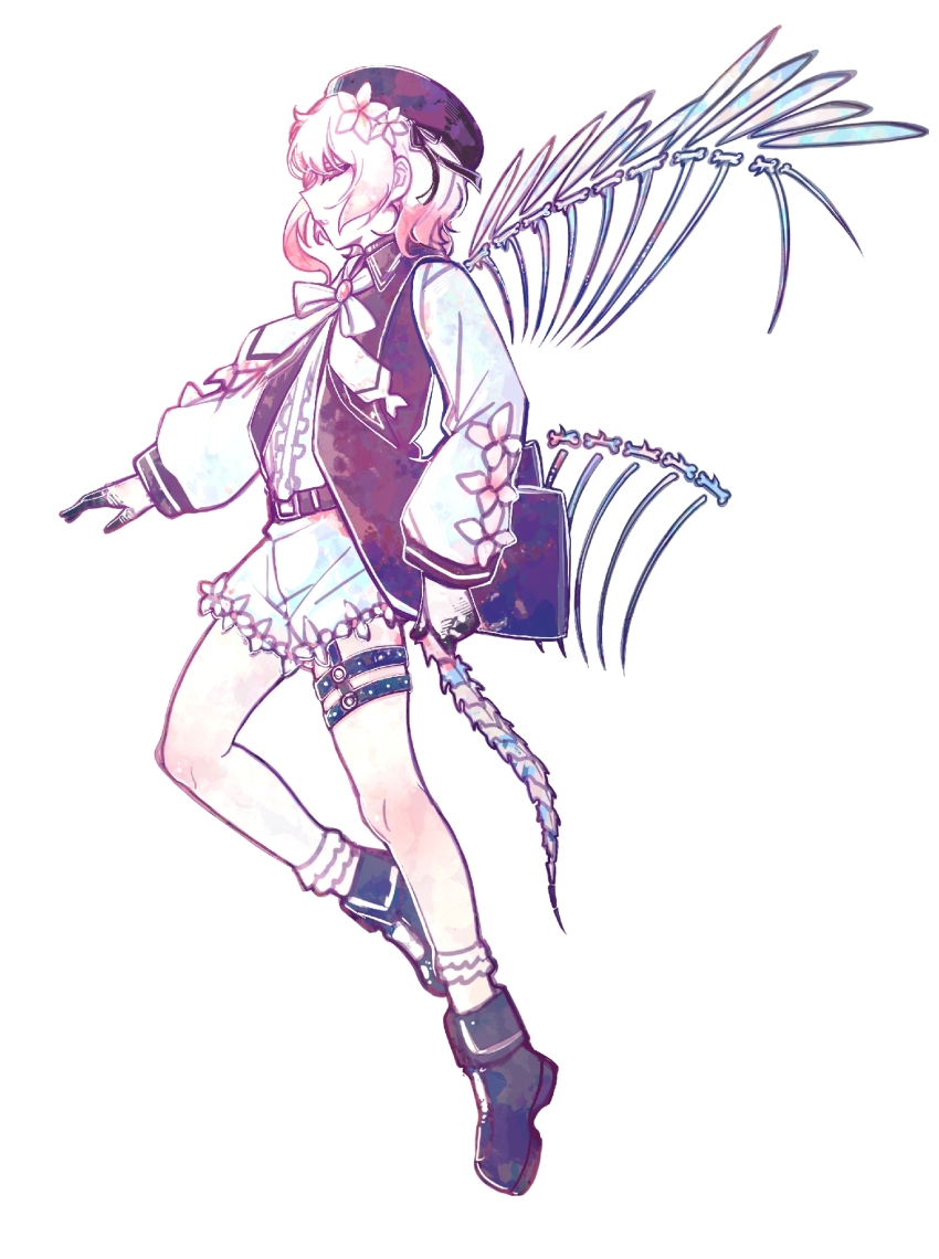 1girl, bai_weizi_lingzi, beret, black_hat, black_shoes, closed_eyes, colored_extremities, commentary_request, flower, from_side, full_body, gradient_hair, hair_flower, hair_ornament, hat, highres, long_sleeves, mahou_shoujo_no_majo_saiban, multicolored_hair, neck_ribbon, o-ring, o-ring_thigh_strap, pink_hair, profile, ribbon, sakuraba_ema, shirt, shoes, short_hair, shorts, simple_background, skeletal_tail, skeletal_wings, socks, solo, spoilers, standing, tail, thigh_strap, white_background, white_flower, white_hair, white_ribbon, white_shirt, white_shorts, white_socks, wings, witch_(manosaba)