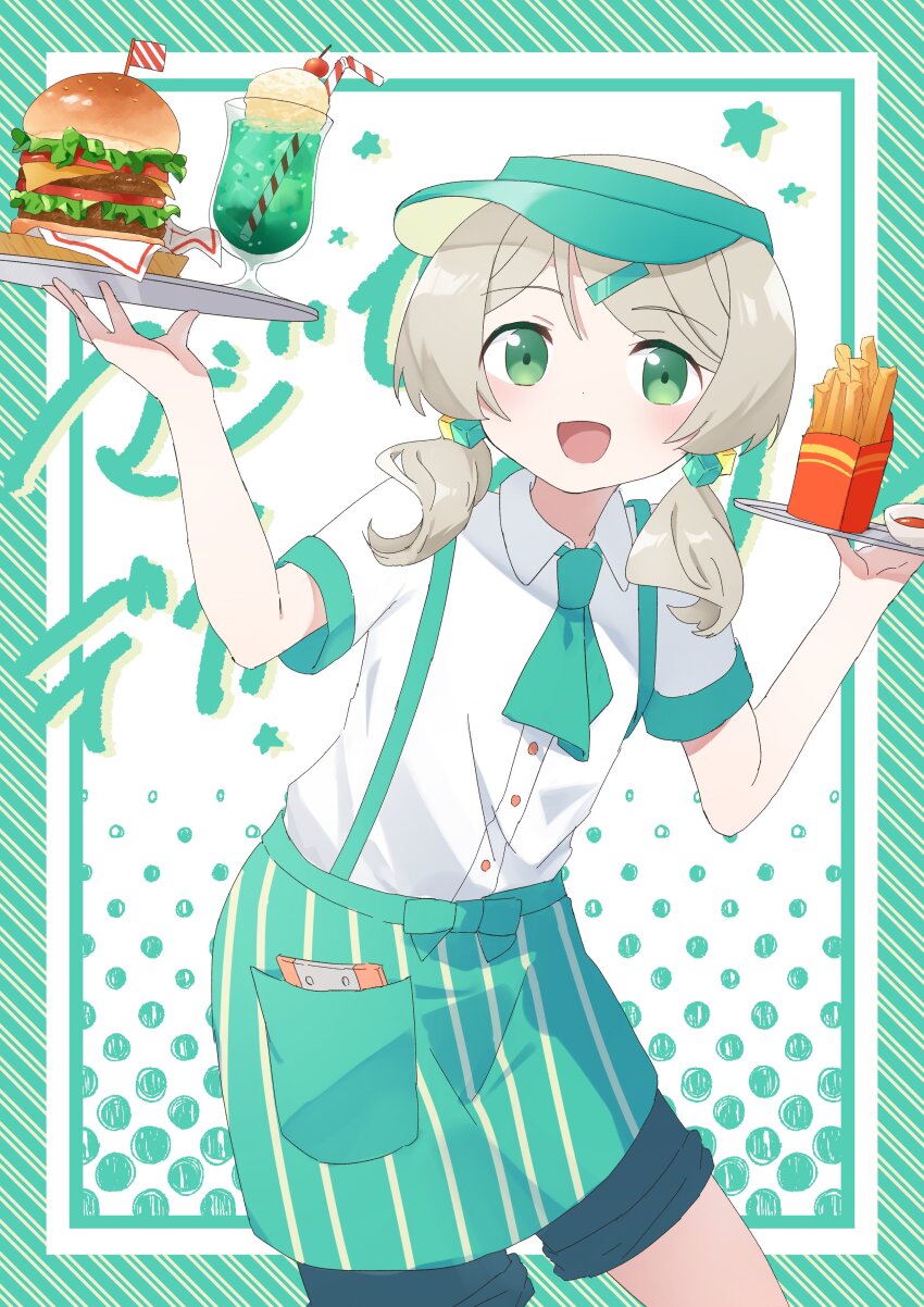 1boy, absurdres, ascot, black_shorts, brown_hair, burger, commentary, cowboy_shot