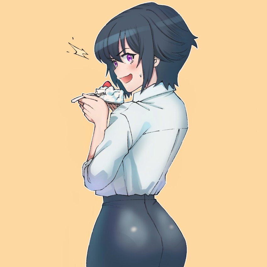1girl, anna_ayasaki, black_hair, black_skirt, blush, cake, cake_slice, choppy_bangs