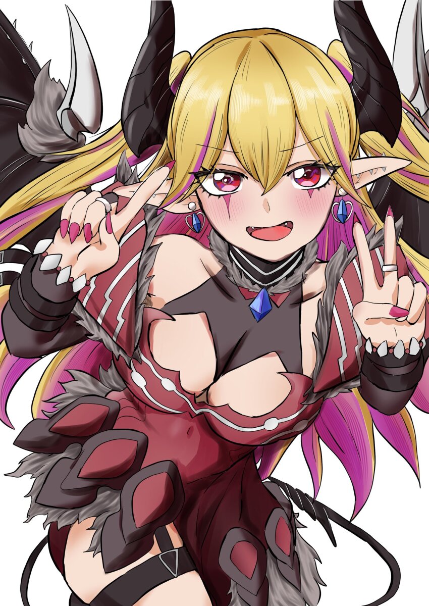 1girl, bare_shoulders, black_wings, blonde_hair, breasts, cleavage, commentary_request, demon_girl