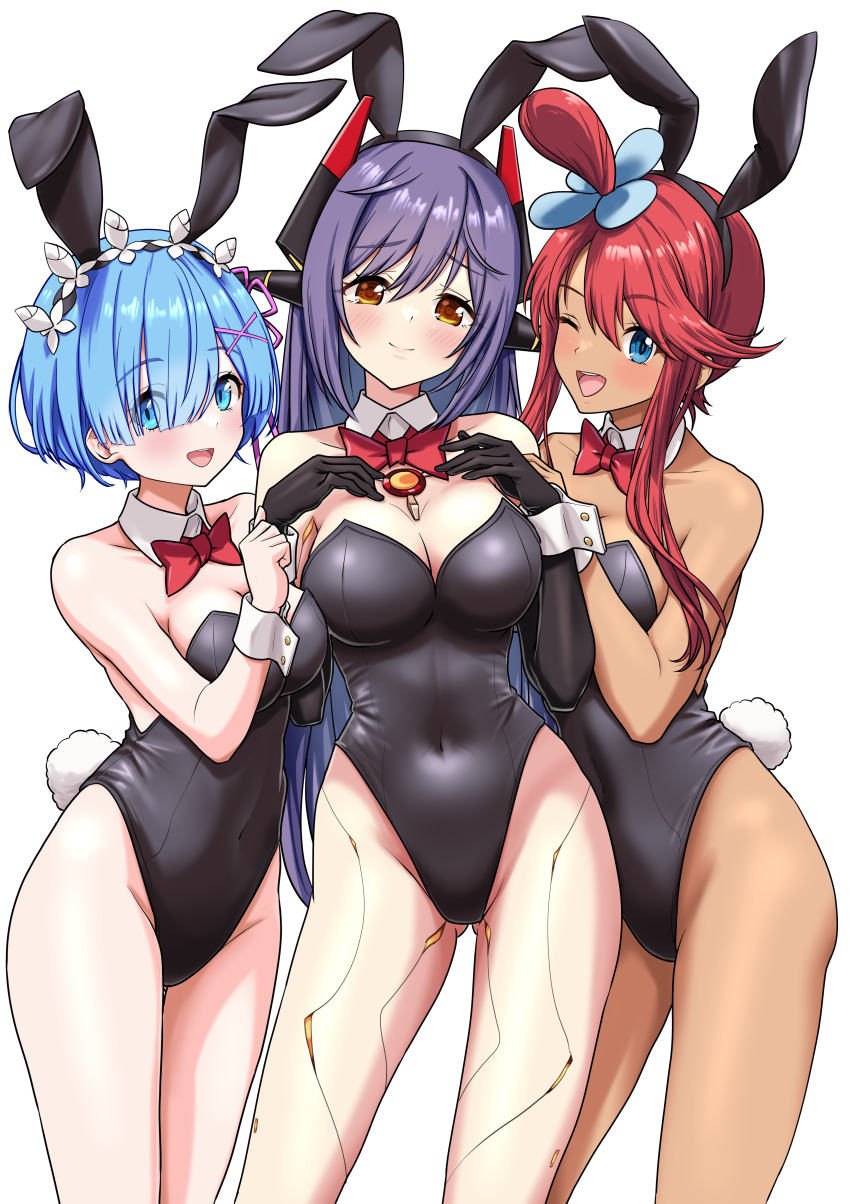 3girls, absurdres, android, animal_ear_hairband, animal_ears, bare_legs, bare_shoulders, black_leotard