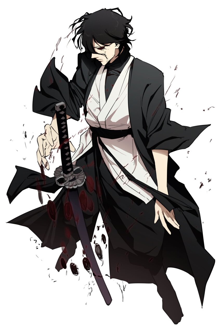 1boy, black_butterfly, black_hair, black_haori, bug, butterfly, colored_sclera, commentary, english_commentary, full_body, hair_between_eyes, haori, highres, insect, japanese_clothes, kagurabachi, magatsumi_(sword), male_focus, medium_hair, omegaa_7, red_eyes, soga_akemura, solo, sword, weapon