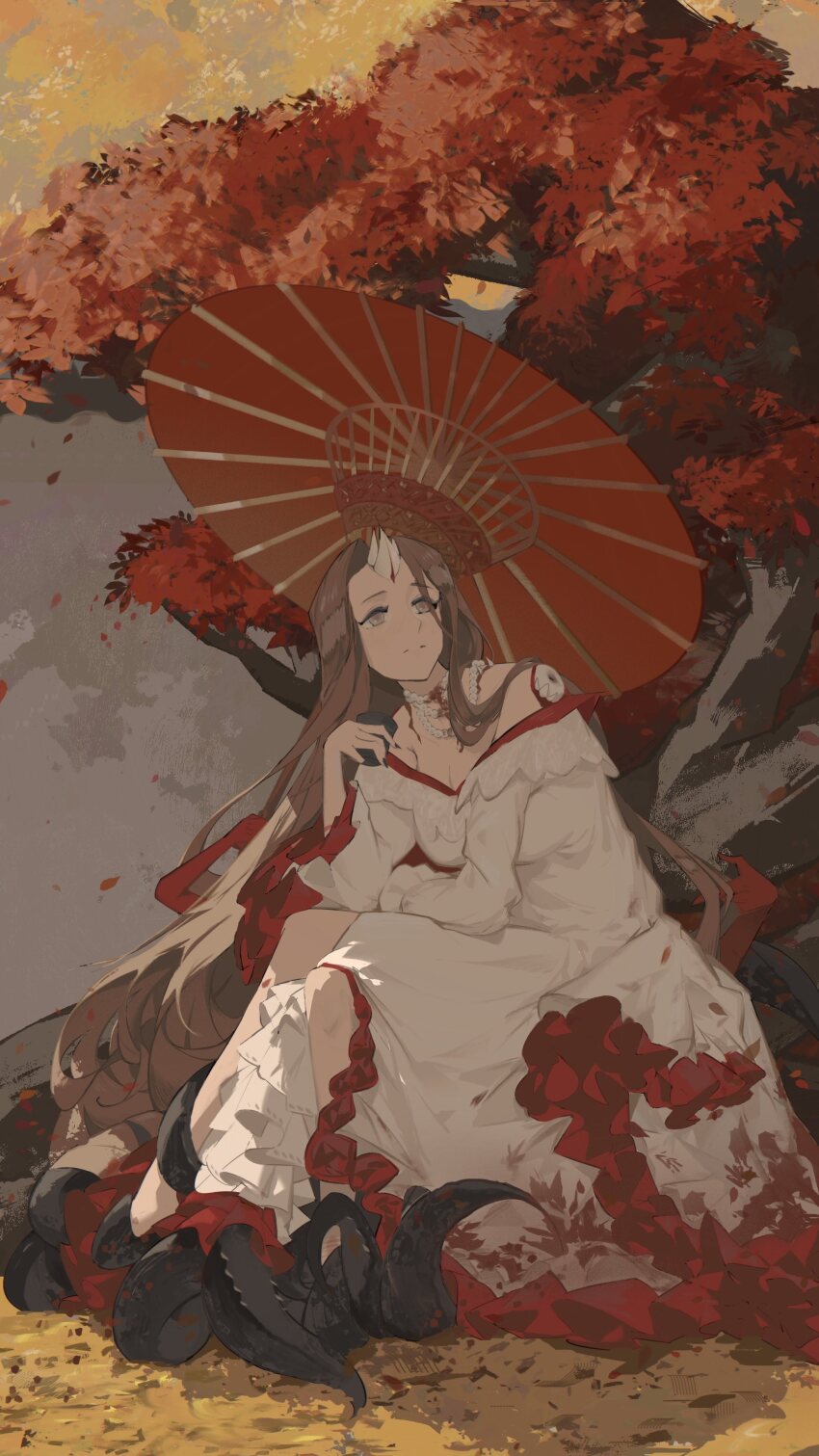 1girl, 24_(morimens), absurdres, black_nails, blood, blood_on_jewelry, breasts, brown_eyes, brown_hair, cleavage, closed_mouth, commentary, cup, dress, frilled_dress, frills, highres, holding, holding_cup, horns, jewelry, large_breasts, long_hair, long_sleeves, morimens, nail_polish, necklace, oil-paper_umbrella, outdoors, pearl_necklace, raum_en, sitting, solo, strapless, strapless_dress, tentacles, tree, umbrella, very_long_hair, white_dress