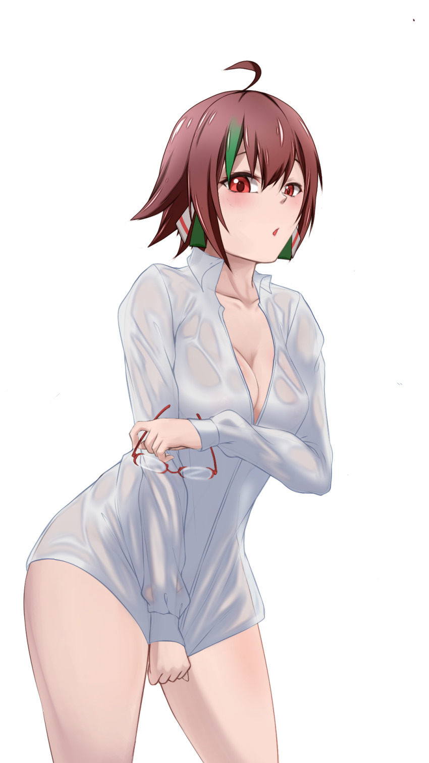 bad_source, breasts, cleavage, highres, orange_hair, phantasy_star, phantasy_star_online, red_eyes