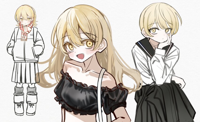 1girl, :d, absurdres, bag, bare_shoulders, black_sailor_collar, black_shirt, blonde_hair