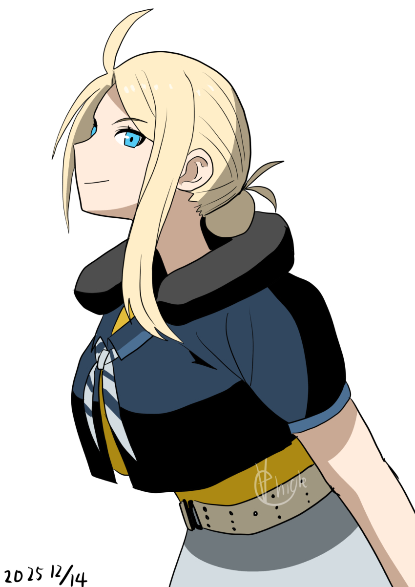 1girl, asymmetrical_hair, belt, blonde_hair, blue_eyes, blue_jacket, brown_belt, commentary_request