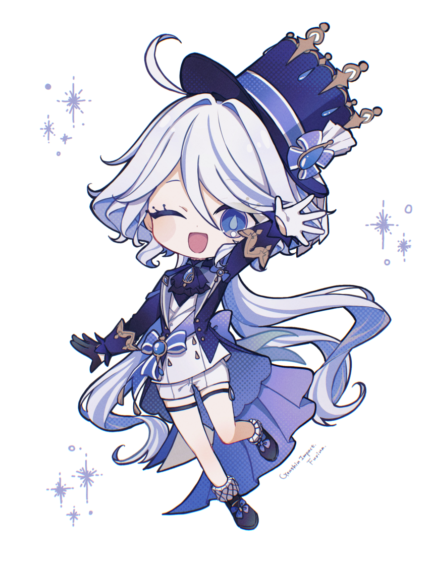 1girl, ;d, ahoge, arm_up, ascot, asymmetrical_gloves, black_gloves, black_shoes