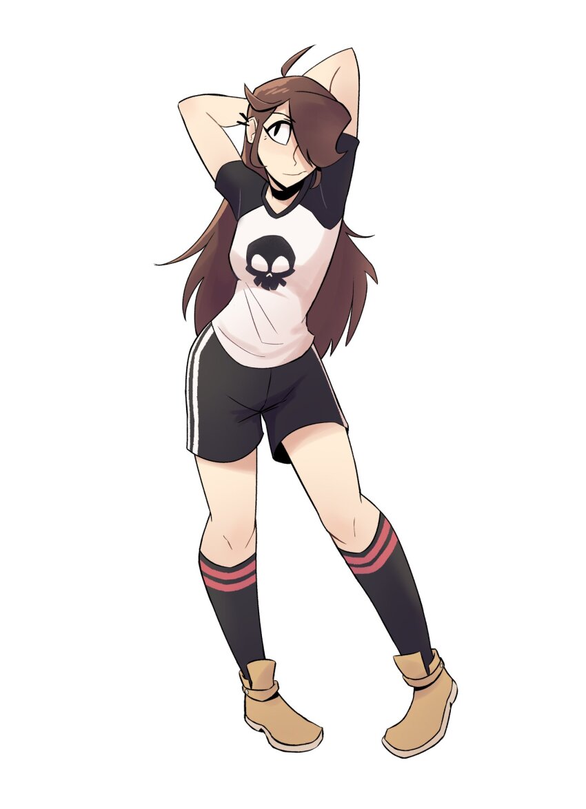 1girl, ahoge, arms_behind_head, arms_up, black_eyes, black_shorts, black_socks, boots, breasts, brown_boots, brown_hair, closed_mouth, commentary, ear_piercing, english_commentary, full_body, hair_over_one_eye, highres, kneehighs, long_hair, mannys_art, original, piercing, shirt, short_sleeves, shorts, simple_background, small_breasts, socks, solo, t-shirt, white_background