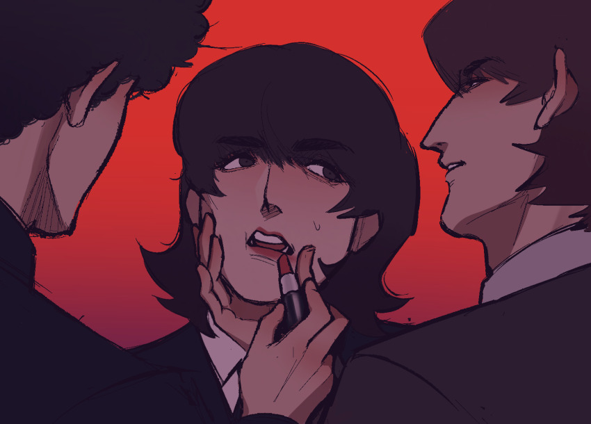 1girl, 2boys, applying_makeup, aquiline_nose, black_eyes, black_hair, black_jacket, black_suit, blush, bob_dylan, brown_hair, cheek_squash, collared_shirt, commentary, curly_hair, english_commentary, formal_clothes, from_behind, genderswap, genderswap_(mtf), george_harrison, hand_on_another's_face, hetero, highres, jacket, john_lennon, lipstick, makeup, medium_hair, multiple_boys, nose, real_life, red_background, red_lips, romeowto, shirt, short_hair, simple_background, suit, sweatdrop, swept_bangs, the_beatles, thick_eyebrows, very_short_hair, white_shirt