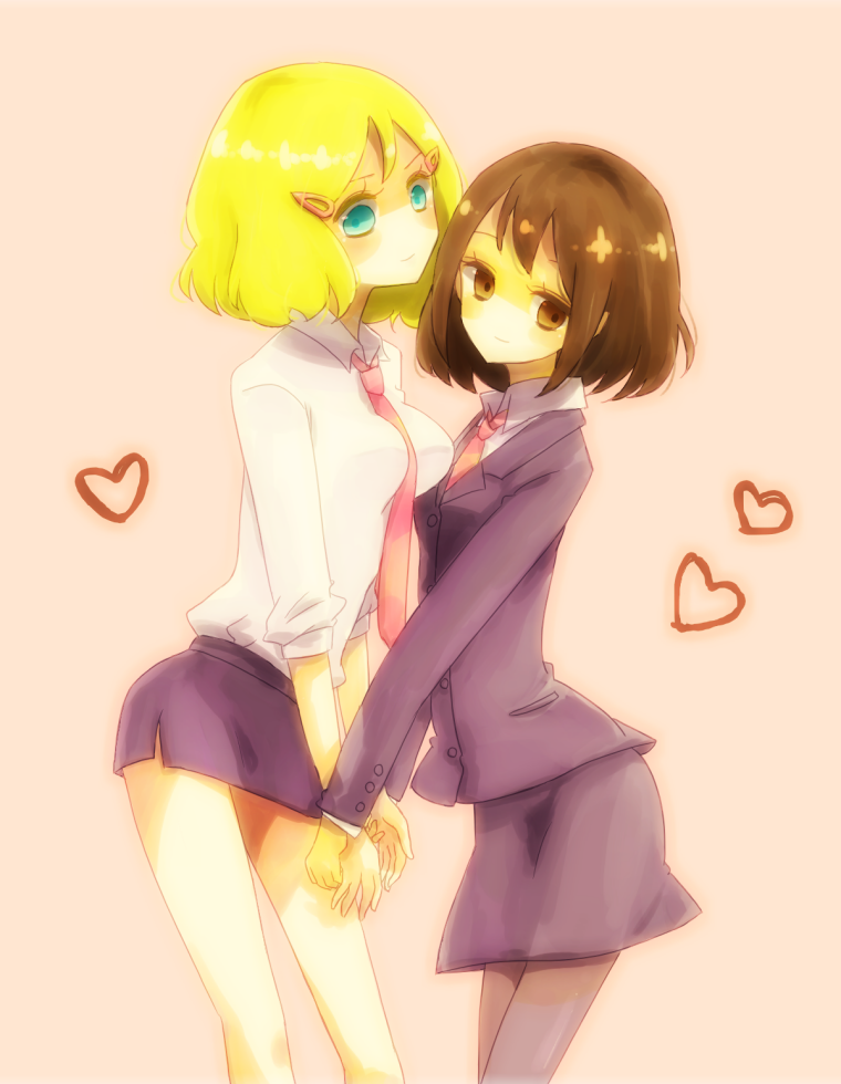 2girls, america_(female)_(hetalia), america_(hetalia), auag_(sugar_and_spice), axis_powers_hetalia, blonde_hair, blue_eyes, brown_eyes, brown_hair, gender_request, genderswap, hair_ornament, hairclip, heart, japan_(female)_(hetalia), japan_(hetalia), multiple_girls, necktie, pantyhose