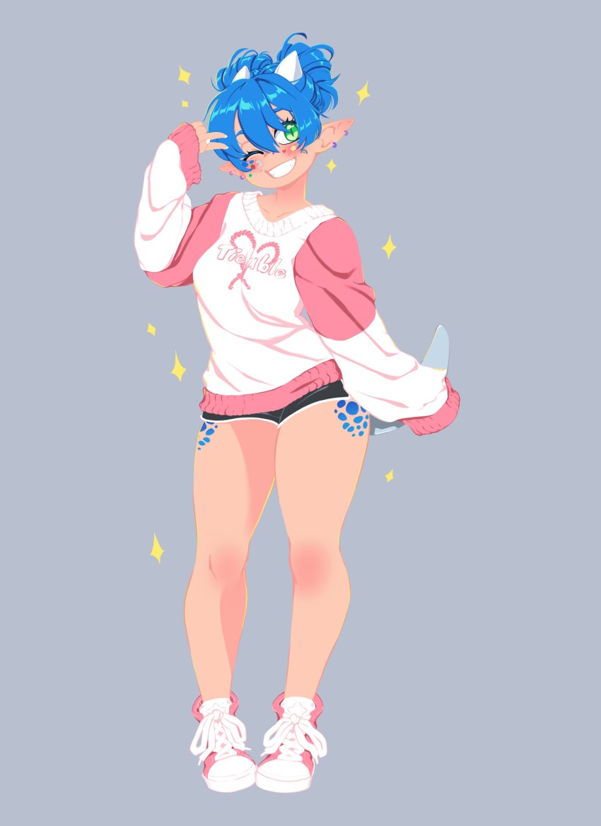 1girl, absurdres, blue_hair, blush, clothes_writing, commentary, double_bun, ear_piercing