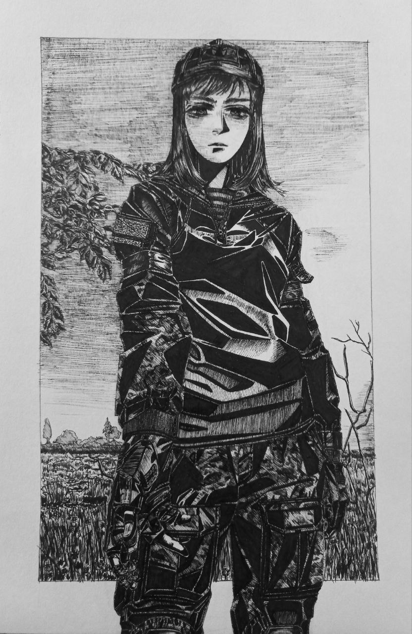 1girl, bordfunker133, camouflage, camouflage_jacket, camouflage_pants, digital_camouflage, gloves, greyscale