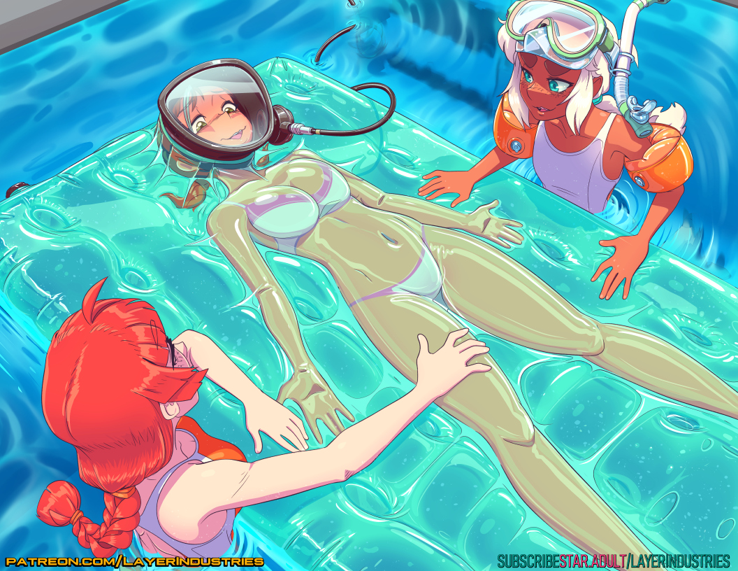 3girls, bdsm, bikini, bondage, bound, commander_rab_(layer_industries), commentary, english_commentary, female_focus, hand_on_another's_thigh, inflatable_armbands, janine_flores, kat_andrews, lying, multiple_girls, on_back, one-piece_swimsuit, patreon_username, pool, pool_float, riley_barclay_(goomyiscute777), scuba_gear, snorkel_mask, swimsuit, vacuum_bed, white_bikini, white_one-piece_swimsuit