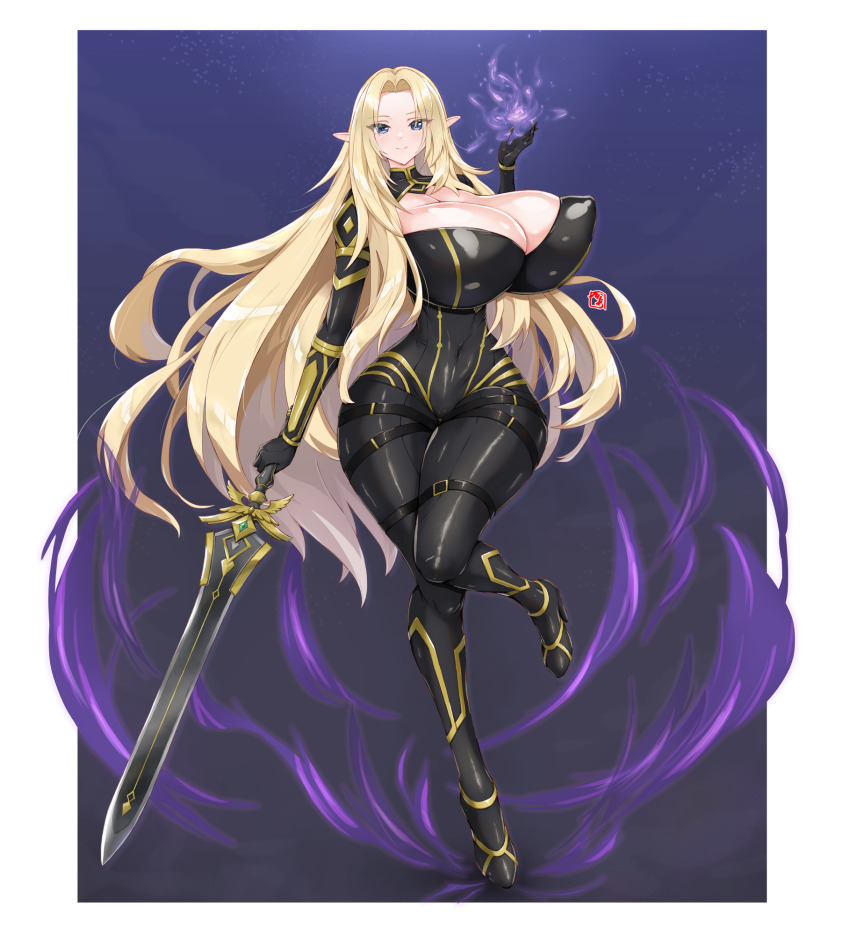 1girl, alpha_(kagejitsu), bea_(bropmlk), belt, black_bodysuit, blonde_hair, blue_eyes, bodysuit