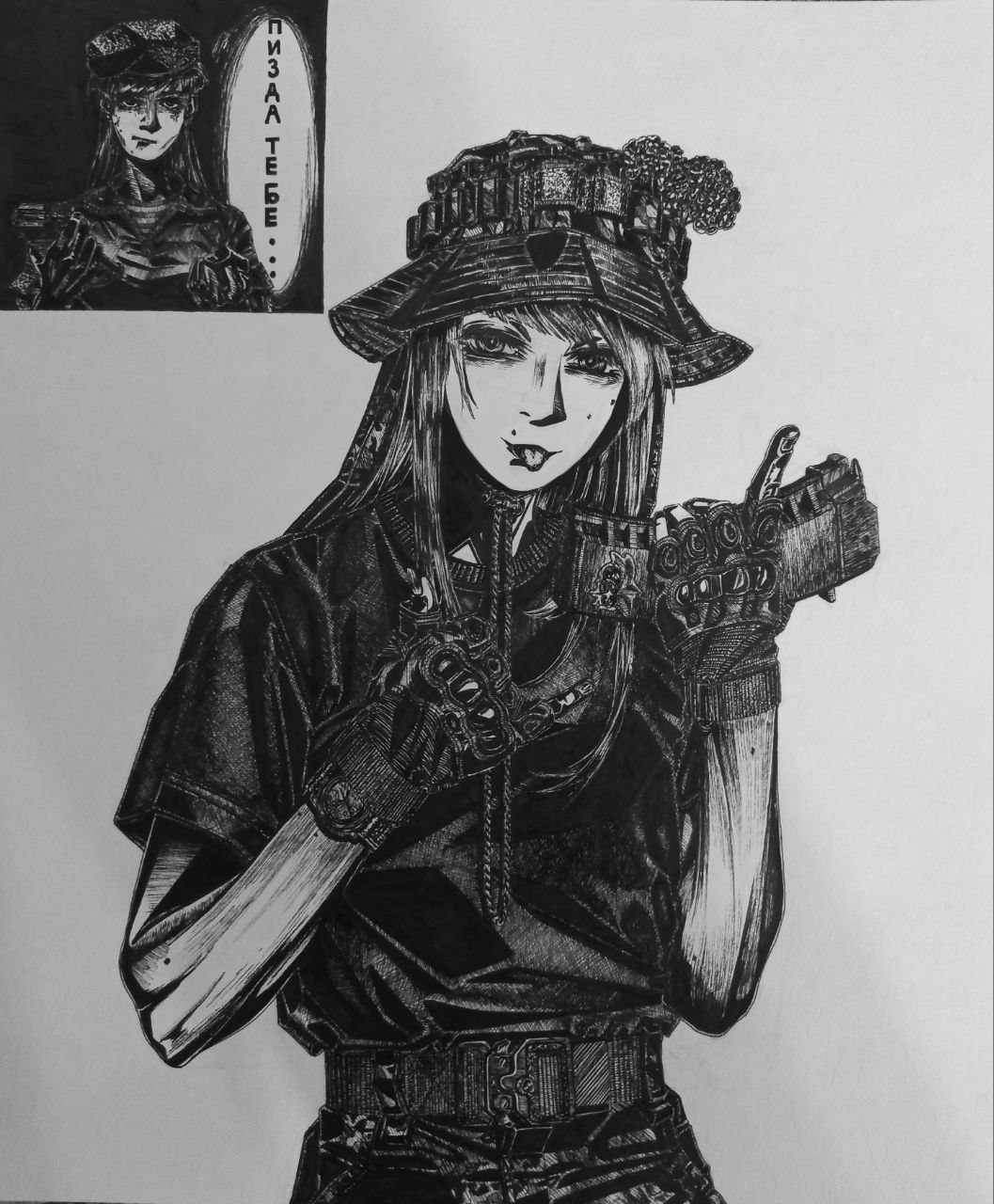1girl, 2girls, beret, black_gloves, black_jacket, black_shirt, bonnet, bordfunker133