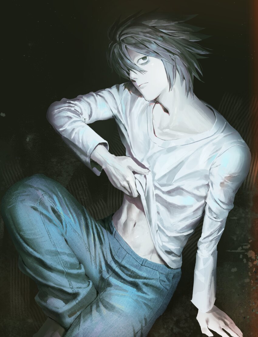 1boy, abs, absurdres, arm_support, arm_up, black_eyes, black_hair, blue_pants