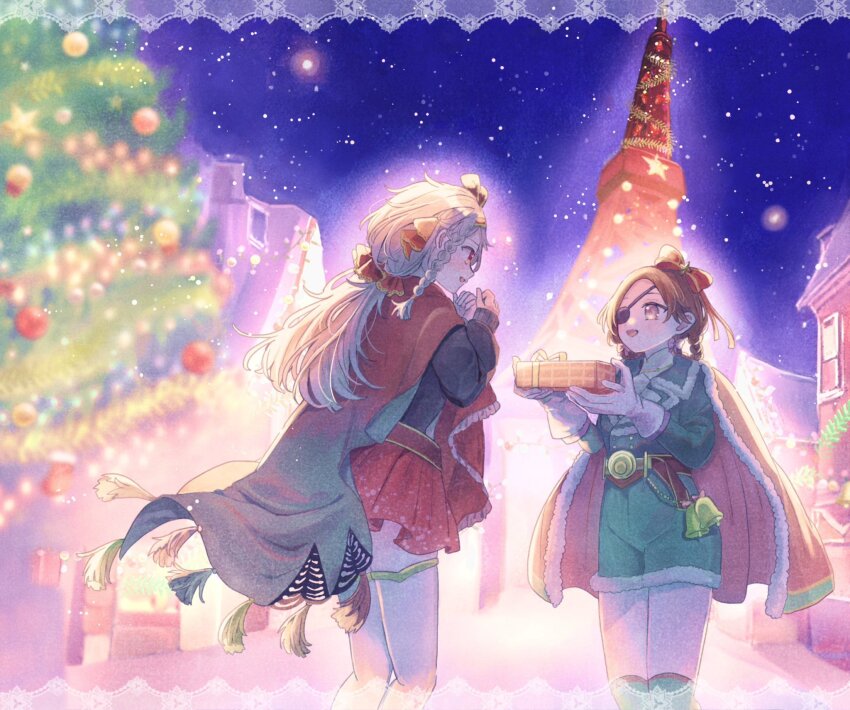 2girls, aima_(reverse:1999), alternate_costume, black_sweater, blue_sky, blurry, blurry_background, bow