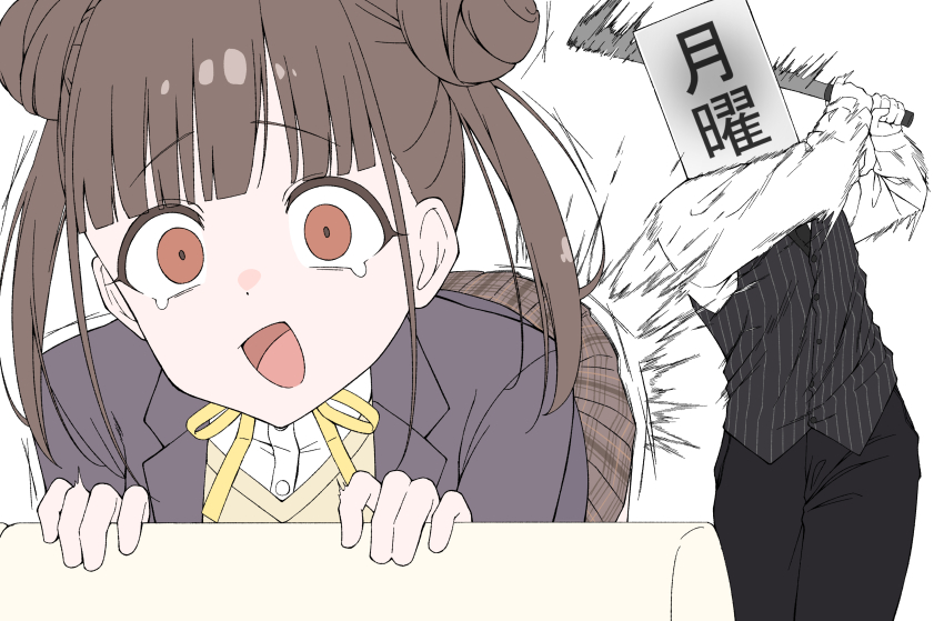 1boy, 1girl, absurdres, amama_(pcnk4878), ass_smack, baseball_bat, bent_over, black_pants