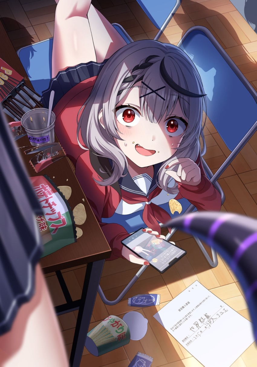 4girls, basketweave, black_horns, black_streaks, blue_sailor_collar, blue_skirt, blurry, blurry_foreground, blush, braid, braided_bangs, brand_name_imitation, cellphone, chair, chips_(food), chocolate, commentary_request, desk, digging_your_own_grave, falling_food, fang, food, food_on_face, grey_hair, hair_between_eyes, highres, holding, holding_phone, hololive, horns, instant_cup_noodles, instant_noodles, jacket, la+_darknesss, leg_up, long_sleeves, looking_at_viewer, lying, miniskirt, multicolored_hair, multiple_girls, nail_polish, neckerchief, on_chair, on_stomach, open_clothes, open_jacket, open_mouth, paper, phone, pleated_skirt, pocky, red_eyes, red_jacket, red_nails, red_neckerchief, sailor_collar, sakamata_chloe, sakamata_chloe_(gyarumata), school_desk, setsuna_(l9in1cszw3f6qsq), shirt, short_hair, skirt, smartphone, solo_focus, spoon, streaked_hair, striped_horns, sweatdrop, translation_request, virtual_youtuber, white_shirt, wooden_floor