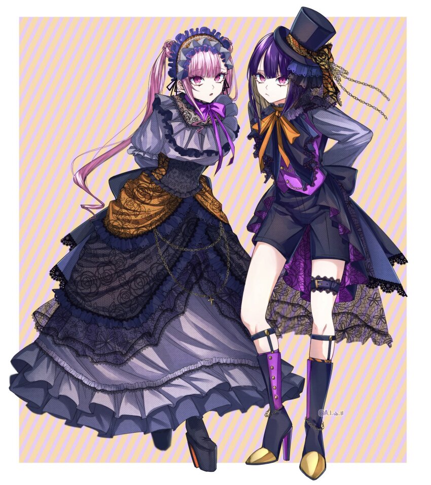 1boy, 1girl, a_1_sb_11, alternate_costume, arms_behind_back, asymmetrical_legwear, back_bow, black_boots