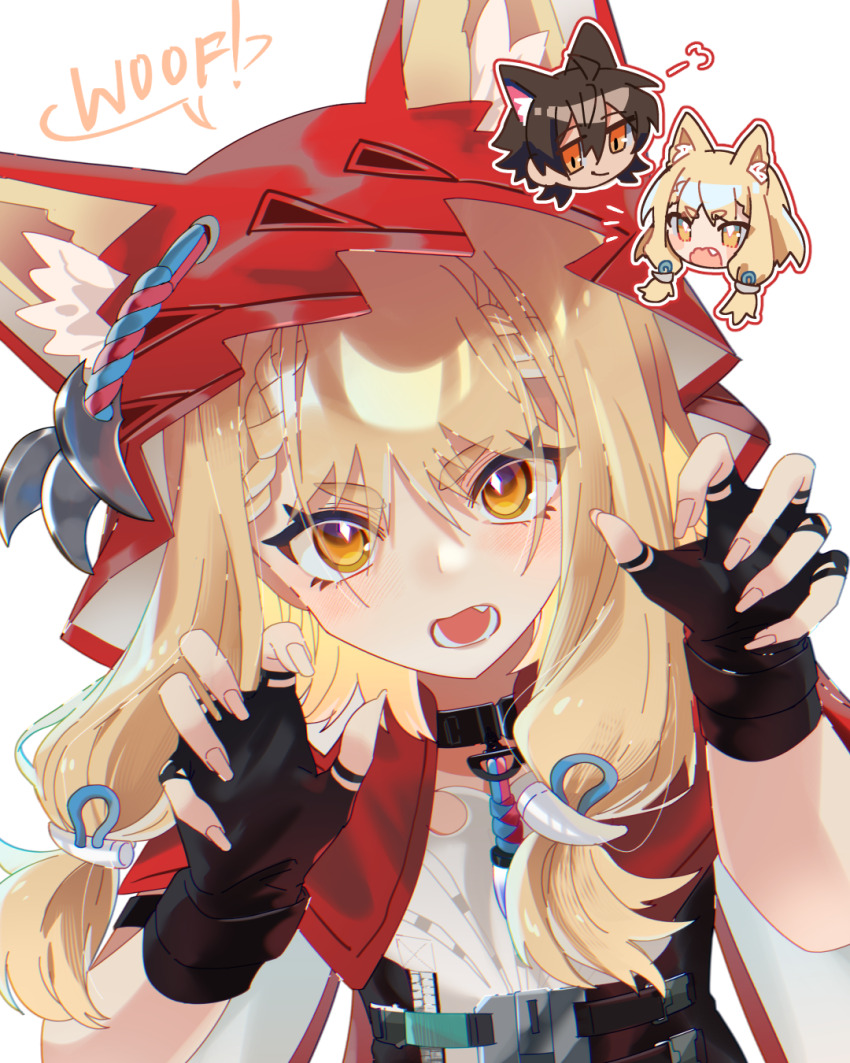 1boy, 1girl, aki'z, animal_ears, arknights, arknights:_endfield, black_gloves, blonde_hair, chibi, chibi_inset, claw_pose, cloak, commentary, dress, ears_through_headwear, fingerless_gloves, gloves, hands_up, highres, hood, hood_up, hooded_cloak, looking_at_viewer, orange_eyes, red_cloak, rossi_(arknights), scar, scar_across_eye, scar_on_face, simple_background, solo, thick_eyebrows, v-shaped_eyebrows, white_background, white_dress, wolf_boy, wolf_ears, wolf_girl, wulfgard_(arknights)
