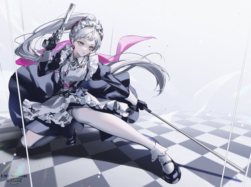 1girl, alternate_costume, apron, arknights, black_dress, black_gloves, black_shoes, checkered_floor