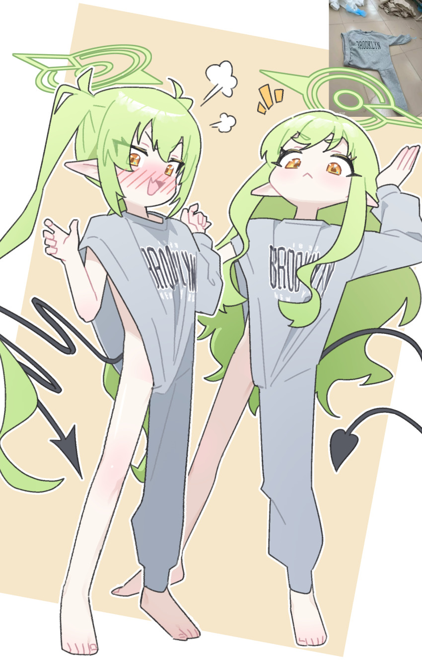 2girls, :<, :d, absurdres, alternate_costume, asymmetrical_clothes, barefoot, black_tail, blue_archive, blue_eyes, blush, brooklyn_sweater_(meme), commentary_request, demon_girl, demon_tail, fang, feet, full_body, green_hair, green_halo, grey_sweater, halo, hands_up, highres, hikari_(blue_archive), ishikoro24, korean_commentary, long_hair, long_sleeves, looking_at_viewer, looking_down, meme, multiple_girls, nozomi_(blue_archive), open_mouth, photo-referenced, puff_of_air, rabbit_pose, reference_inset, siblings, sideless_sweater, single_pantsleg, single_sleeve, sisters, skin_fang, sleeveless, sleeveless_sweater, smile, standing, sweater, tail, thighs, toes, twins