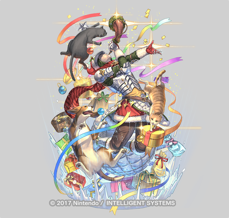 1boy, armor, blowing_horn, boots, brown_pants, cat, christmas_ornaments, claws