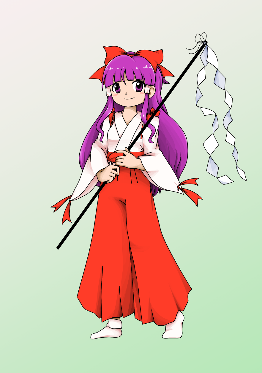 1girl, bow, commentary_request, gohei, hair_bow, hair_tubes, hakama, hakurei_reimu, hakurei_reimu_(pc-98), highres, holding, japanese_clothes, kimono, komeiji_kanade, long_hair, long_skirt, long_sleeves, miko, purple_eyes, purple_hair, red_bow, simple_background, skirt, smile, solo, touhou, wide_sleeves, zun_(style)