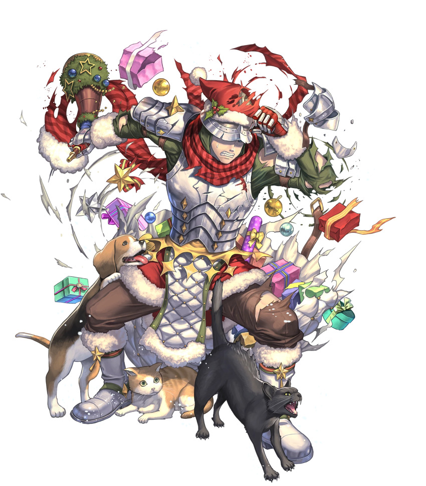1boy, armor, battle_damage, boots, brown_pants, cat, christmas_ornaments, claws