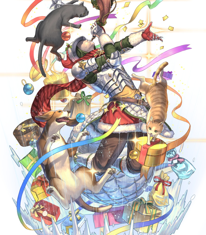 1boy, armor, attack, blowing_horn, boots, brown_pants, cat, christmas_ornaments