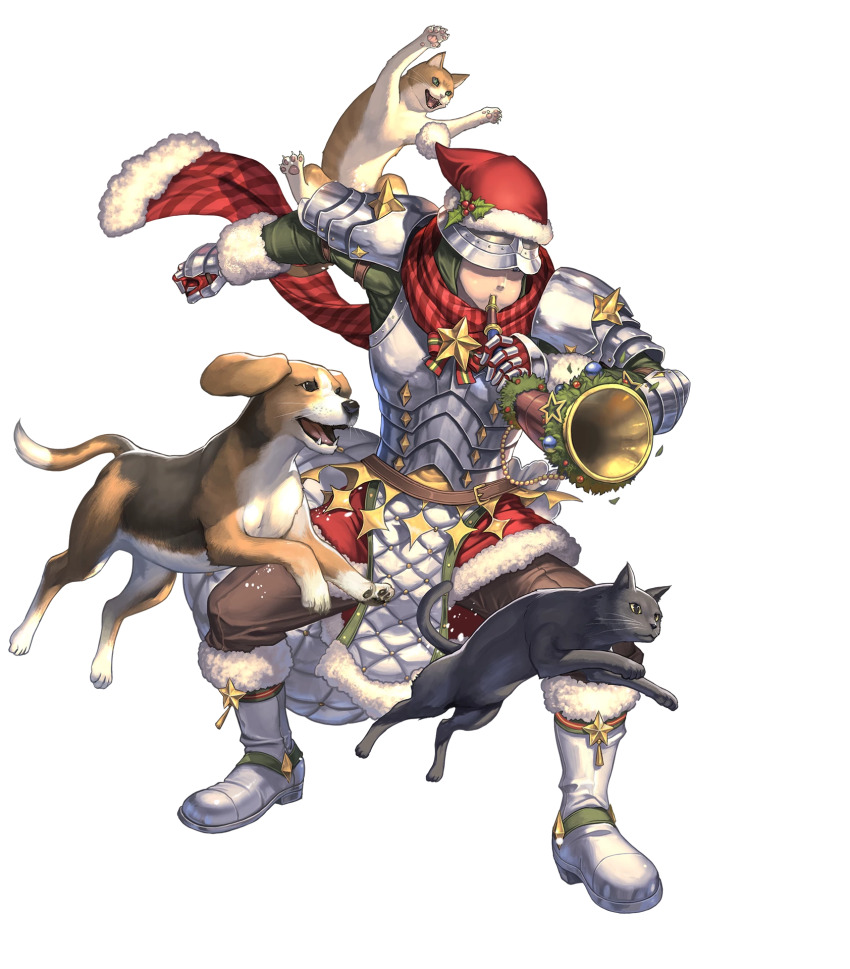 1boy, armor, attack, blowing_horn, boots, brown_pants, cat, christmas_ornaments